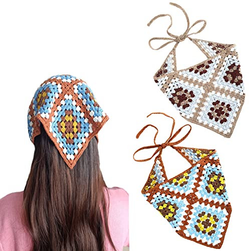 2 Pieces Crochet Hair Bandana Floral Hair Scarf Boho Head Kerchief Vintage Headbands Triangle Hair Tie Handmade Hair Accessories for Girls Women (Coffee/Blue)