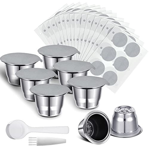 Didaey Återanvändbara espressokapslar i rostfritt stål, påfyllningsbara kaffekapslar, återanvändbara espressokapslar med aluminiumfolietätningar, klistermärken, lock, kompatibla med Nespressomaskiner (6 koppar, 204 lock)