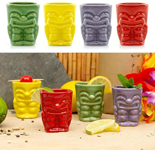 CKB LTD Tiki Bar-snapsglas 50 ml, 4-pack små, färgglad keramik för Hawaiian Party