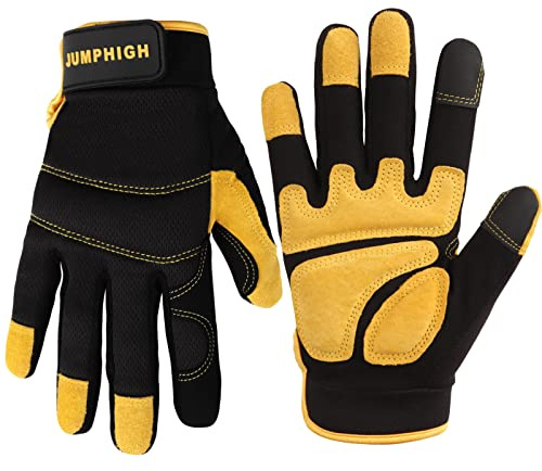 JUMPHIGH Mens Work Gloves, Synthetic Leather Mechanic Gloves, Utility, Touchscreen, Multipurpose, Construction, Warehouse, Truck Driving (L)