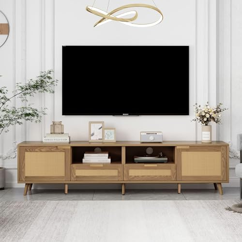 BTM TV Stand With Real Rattan Design, Solid Wood Legs, 200 x 37 x 49 cm, Light Brown
