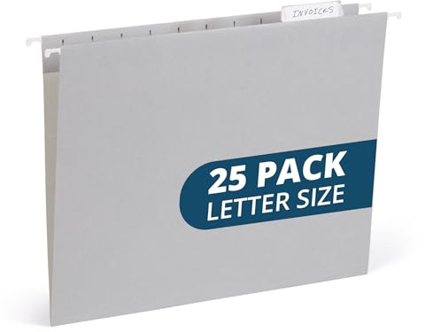 25 Blue Summit Supplies Grey Hanging File Folders Letter Size - Durable 11pt Paper, Hanging File Folders Gray, Plastic Tabs and Inserts Included, Perfect for Office Organization