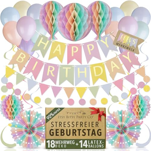 Riutilizzabile Set Festa Compleanno – Decorazioni Compleanno in Carta e Palloncini in Lattice, Striscione Multiuso, Nido d’Ape, Bandierine, Pastello, 32 Pezzi di Itsy Bitsy Party Co.