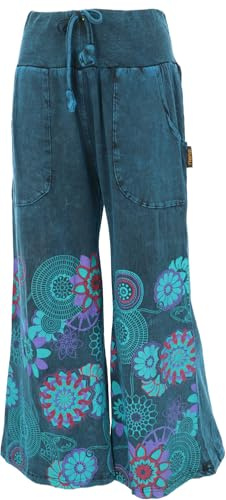 GURU SHOP Palazzohose, Boho Baumwollhose, Hosenrock mit Blüten, Schlaghose - Petrol, Damen, Size:L