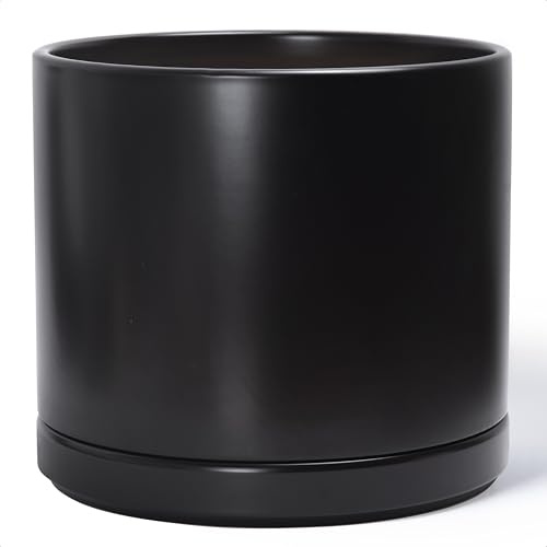 D'vine Dev 14 Inch Ceramic Planter Pot with Drainage Hole and Saucer, Indoor Cylinder Round Planter Pot, Black, 94-O-G-2