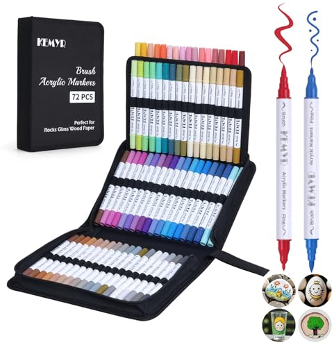 KEMYR 72 Colors Brush & Fine Tip Acrylic Paint Pens, Dual Tip Acrylic Paint Markers for Paper, Wood, Canvas, Stone, Rock, Glass, Fabric, DIY, Ceramic, Art Supplies for Adults Drawing