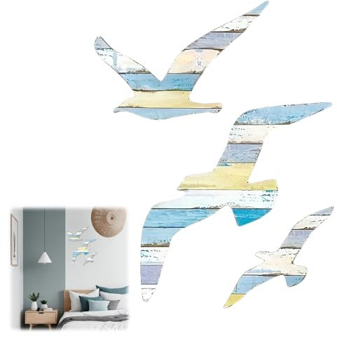 3Pcs Wood Seagull Wall Decor,Nautical Bathroom Accessories,Beach Element Sea Birds Wooden Wall Art,Self-Adhesive Seagull Decorations Nautical Decor for Home Bedroom Living Room