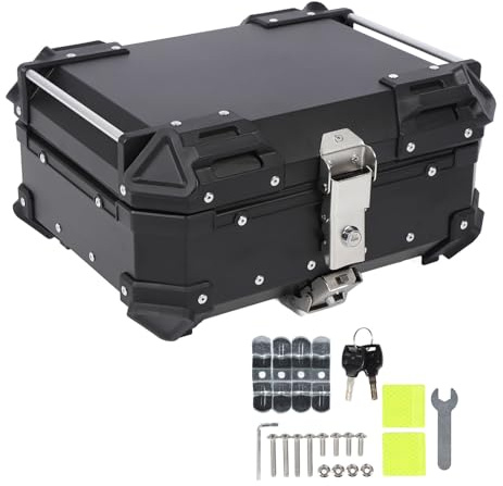 Motorcycle Top Case 25L, Aluminium Alloy Quick Release Waterproof Tail Box, Security Lock for Helmet Storage, Universal Rear Luggage Box for Touring & Commuter, Fits Scooter Motorbike (Black)