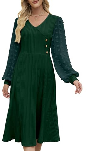 Vestido Quatrefox para mujer con lunares, conjuntos de otoño e invierno de manga larga, vestidos de parches para mujer con cuello en V, sudadera midi para mujer, verde, XL