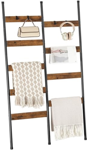 HOOBRO Blanket Ladder, 33.9 L Wall-Leaning Towel Rack, Double Row Blanket Rack for Large Capacity, Metal Frame, Anti-Tip Design, Blanket Holder for Living Room, Bathroom, Rustic Brown BF17CJ01