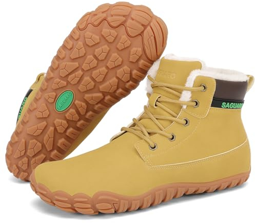 SAGUARO Scarpe Barefoot Uomo Stivaletti Invernali con Pelo Caldo Stivali da Neve Impermeabili Antiscivolo Scarponcini Leggere Minimaliste, Giallo, 43 EU