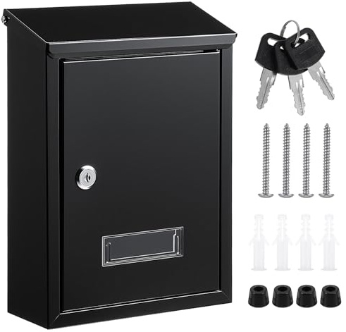 Mail Boxes with Key Lock, Locking Mailbox Wall Mounted, Large Capacity, Steel Cover Metal Postbox for House, Black, 12.34''x8.5''x3''