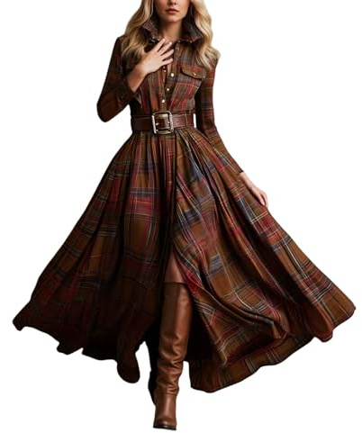 Generisch Vestidos de mujer Vintage Elegantes Vestido largo Boho Casual Vestido de cuadros Maxi Vestido de invierno otoño Manga larga Vestido de flores Cuello en V Vestido de ocio Western Country