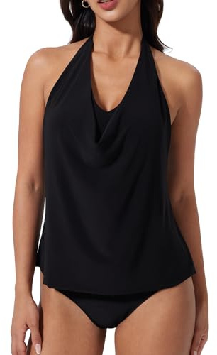 SUUKSESS Women Sexy Halter Tankini Swimsuits Slimming High Waisted Cowl Neck Bathing Suit Backless Two Piece Swimwear (Black, L)
