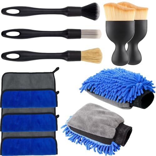Zuuyye Kit per Pulizia Auto da 10 Pezzi: 2 Guanti, 5 Spazzole (2+3), 3 Panni Microfibra 600 g/m² (30x30 cm). per Un Lavaggio Sicuro e Senza Graffi.