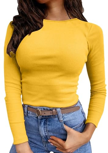 Camiseta Manga Larga Mujer Elegante Camisetas Basicas Mujer Top T-Shirt Cuello Redondo Elástico Ligero Sólido Casual Túnica Top Otoño y Invierno Camiseta Térmica Manga Larga Capa (1 Orange, S)