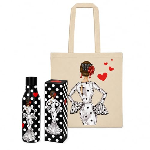 illustrArte Pack Botella + Bolsa Cádiz: María Blanco Fondo Negro | Pack regalo flamenco coordinado, ideal para cumpleaños, profesoras de baile, feria y amantes de España.