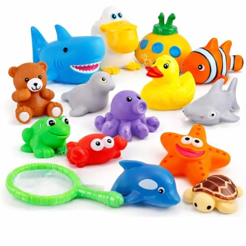 15 PCS Ocean Animals Rubber Bath Toy Water Squirters with Floating Bathtub Squeeze and Play Soft Sea Creatures anf Fishing Net for Baby, Toddlers and Kids