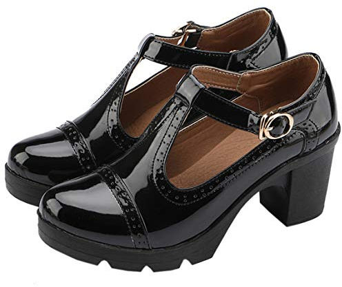 DADAWEN Women's Classic T-Strap Platform Mid-Heel Square Toe Oxfords Dress Shoes Black US Size 10