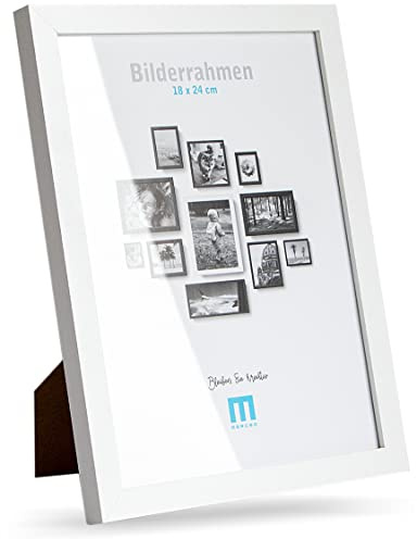 Cornice moderna in MDF bianco per foto piccole e immagini da 18 x 24 cm, con protezione in vetro acrilico, adatta come supporto da tavolo e da parete, in verticale o orizzontale.