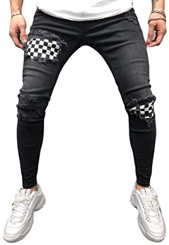 Osheoiso Vaqueros Rasgados de Hombre Skinny Denim Jeans Vintage Pantalone con Cremallera Jóvenes Moda Elasticos Agujero Pantalón Largo Vaqueros Ajustados F Negro XL