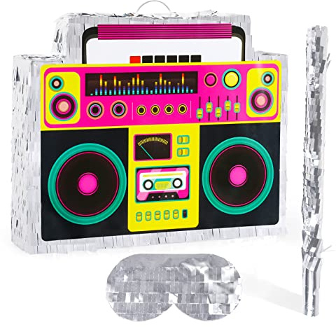 Waenerec Boombox Pinata with Stick Blindfold 80s Hip Hop Mexican Pinata Game for Back to the 80s Party Large Radio Gifts 70' Theme Birthday Party Decorations Supplies