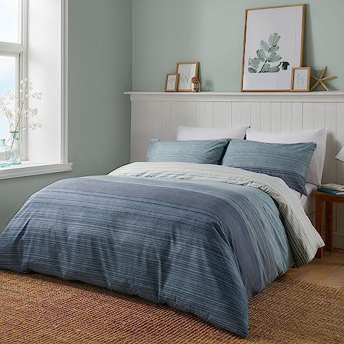 Fusion Contemporary Ombre Blue Duvet Cover Set – Super King Size 260 x 220cm – Includes Matching Pillowcases – Reversible Bedding – Navy Stripe & Blue Lines – Nautical Bed Linen – Soft Touch Fabric