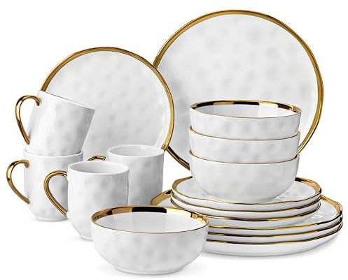 LOVECASA 'Apollo', 16 Piece Dinner Set, Stoneware Dish Set for 4, Kitchen Plates and Bowls Sets, Handmade Dinnerware Set with Gold Trim, Dishwasher Safe, White and Gold