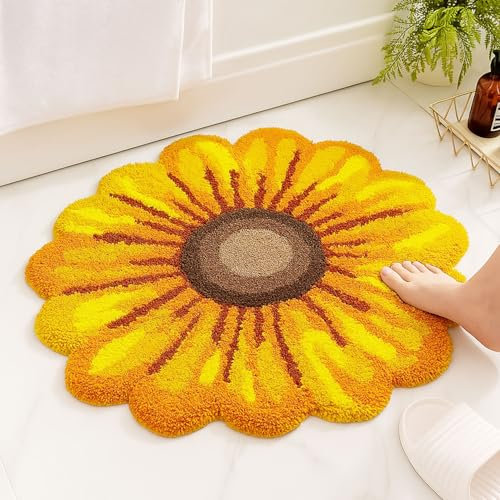 Feblilac Badteppich mit gelben Blumen, Blumenmatte für Badezimmer, niedliche Pflanze, rutschfeste Bodenmatten, Sonnenblume, waschbar, Mikrofaser, Blumenteppich für Wohnzimmer, Zuhause, schnell