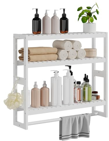 Mensola portaoggetti da bagno, 15 cm di profondità x 50 cm di larghezza x 53,2 cm di altezza, 3 livelli regolabili, montaggio a parete in bambù con barra, scaffale bianco, asta appendiabiti per bagno