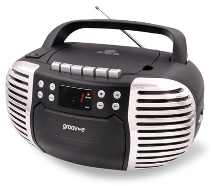 Groov-e Retro Boombox - Portable Cassette Tape & CD Player with Radio, 3.5mm Aux Port, & Headphone Socket - LED Display, 2 x 1.2W Speakers - Battery or Mains Powered - Black