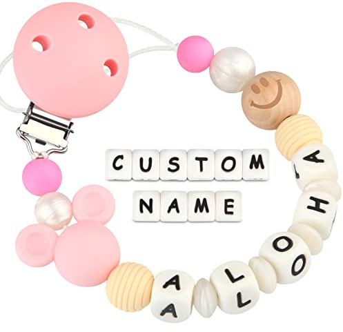Kowlone Attache Sucette Nom Personnalisé Prenom Silicones Souris Attache Tétine en Clips Chaîne pour Bébé Filles Garçons(Rosa)