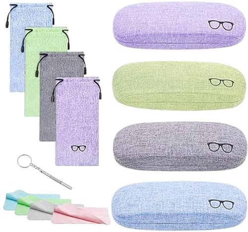 CBRAEXY Hartschalen-Brillenetui, 4 Stück, 4 Farben, Aufbewahrungsbeutel, Reinigungstuch, Schraubendreher, Tragbar, Für Meisten Brillen und Sonnenbrillen