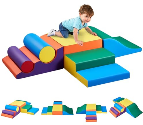 VEVOR Softbausteine, 7-teiliges Set, Schaumstoffbausteine für Kleinkinder von 6 Monaten bis 3 Jahren, Riesenbausteine aus PU-Leder, Indoor-Kletter- & Krabbelaktivitätsspielset zum Krabbeln & Rutschen