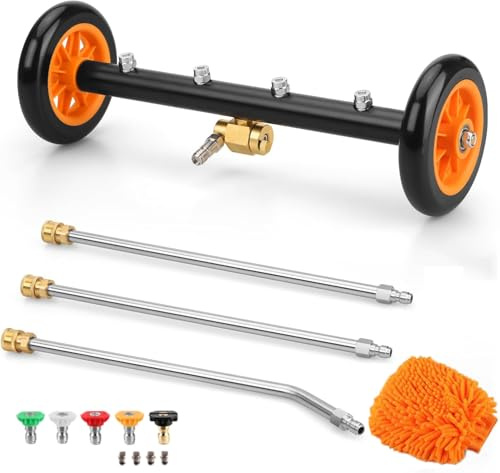 Dual-Function Undercarriage Cleaner,Surface Cleaner for Pressure Washer, 16 Inch, Underbody Car Wash Water Broom with 3 Pieces Extension Wand 5 Nozzle & Wash Mitt, 4000 PSI (01)