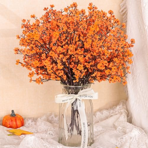 Der Rose 10Pcs Gypsophila Artificial Flowers Orange Flower for Autumn Decor | Fall flower stems with flexible wire branches fit 6–10in vases, adding seasonal color to centerpiece, table, proch decor