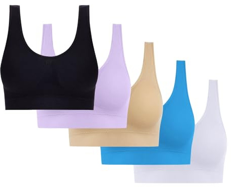 5 Pieces Women's Sports Bra Ladies Yoga Bras Push up Bras for Large Breasts Solid Seamless Crop Tops Vest Full Coverage Non Wired Sleep Bra Comfy Lingerie Underwear with Removable Pads Shapewear
