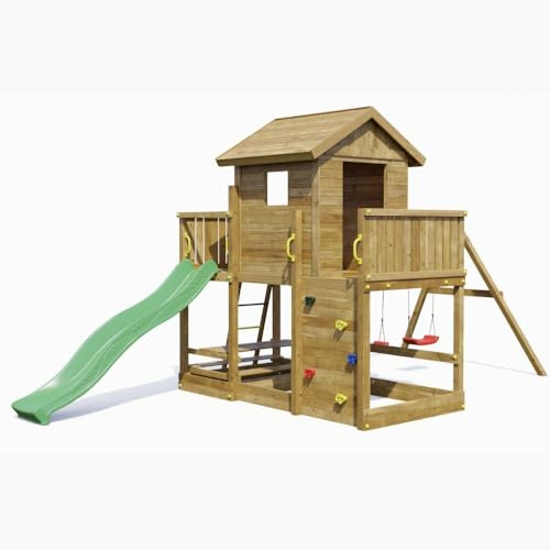 Casetta Parco Giochi in Legno da Giardino Fungoo Mars con Scivolo 2,2 m, 2 Altalene, Tavolo Picnic, Parete Arrampicata e Sabbiera – Struttura Completa per Bambini 3-10 Anni