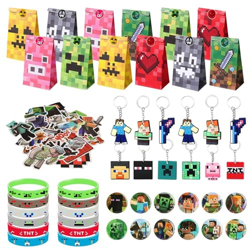 ARIEL-GXR 100pcs Gaming Party Bag Fillers, Gamer Party Favours, Party Bag Filler Set with Party Bags Gaming Keychain Silicone Bracelet Button Pins, Goodie Bag Fillers for Kids Boys