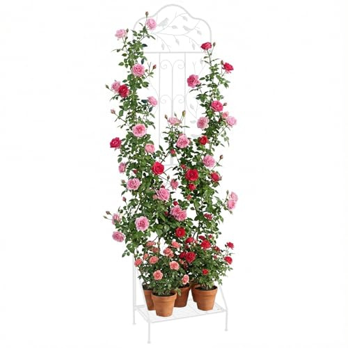 COSTWAY Soporte para Plantas Trepadoras de Metal, Enrejados de Jardín para Plantas Trepadoras de 190 cm con Estante Plegable y Estacas para Flores, Rejilla Decorativa para Jardín, Exterior (Blanco,1)
