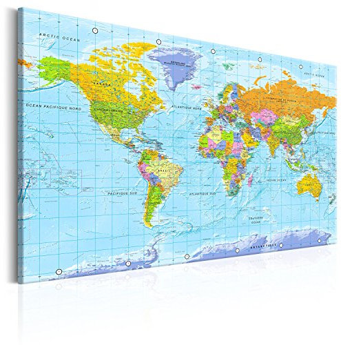 murando - Tableau à Épingles et Peinture sur Toile Combinés 120x80 cm - Avec Crochets Clous et Punaises Argentées - Panneau en Fibres pour Notes et Affichage - Carte du monde k-A-0302-v-a