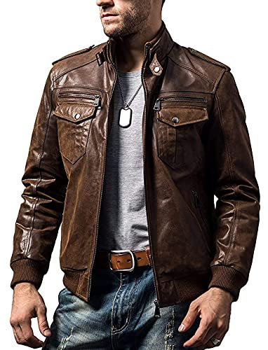 FLAVOR Herren Braun Lederjacke Echt Lederjacke Vintage Biker (Braun, XL)