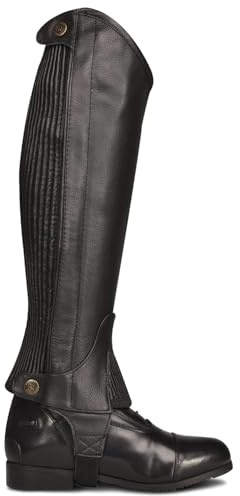Ovation Women's Pro Leather Half Chaps - Premium Top Grain Leather Black Riding Chaps with Stretch Panels and Snap Closures, Large Wide Short