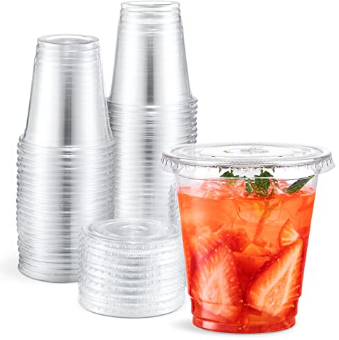 Eupako 8 oz Plastic Cups with Lids 100 Sets, Disposable Clear Cups with Lids, Cold Drink Containers for Beverage, Parfait, Smoothie