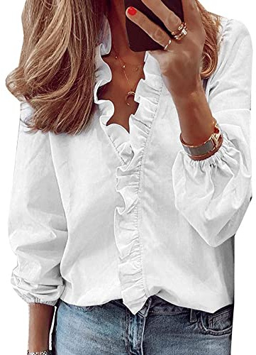 QKEPCY Camisetas de Manga Mujer Larga para Mujeres Blusa y Camisas de Manga Larga Para Mujer con Cuello en V Blusa Camisa de Manga Larga Túnica Camiseta Ropa Tops