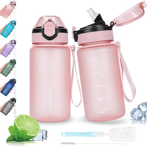 AOHAN 600ML Water Bottle with Leak Proof Flip Top Lid, BPA Free Sport Drinking Bottle with Straw, Dishwasher Safe Water Bottle Non-Toxic Water Jug with Carrying Strap