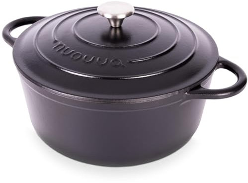 Nuovva Enamelled Cast Iron Dutch Oven Pot with Lid – 6.4 Quart Casserole Dish – Ceramic Dutch Oven for Bread Baking, Roasting, Braising & Stews – Oven Safe up to 500°F – 28cm Black
