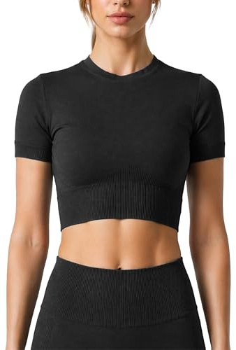 Risalti Crop Top Donna Ilena in Microfibra Elasticizzata - Maglietta Donna Maniche Corte, T-Shirt Aderente Pancia Scoperta, Top Estivi a Costina Fitness Pilates Yoga