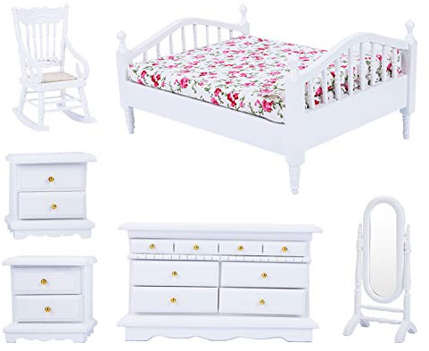 Dollhouse Furniture Set,1:12 Scale 6pcs Dolls House Bedroom Furniture Set,Mini Wooden White Bedroom Furniture,Wooden Floral Bed Wardrobe Chair Dressing Mirror Cabinet Kit for Baby Children
