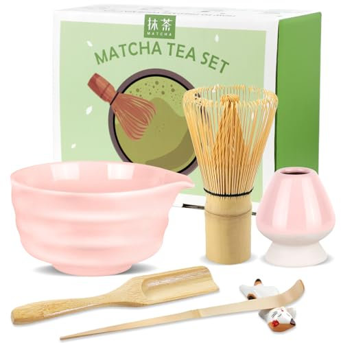 HengLiSam Matcha Besen Set, 6-Teiliges Matcha Set - Matcha Besen, Matcha Schale mit Auslauf, Matcha Whisk Halter, Matcha Löffel und Halter, Japanisches Matcha Tee Set Zubehör für Einsteiger - Rosa